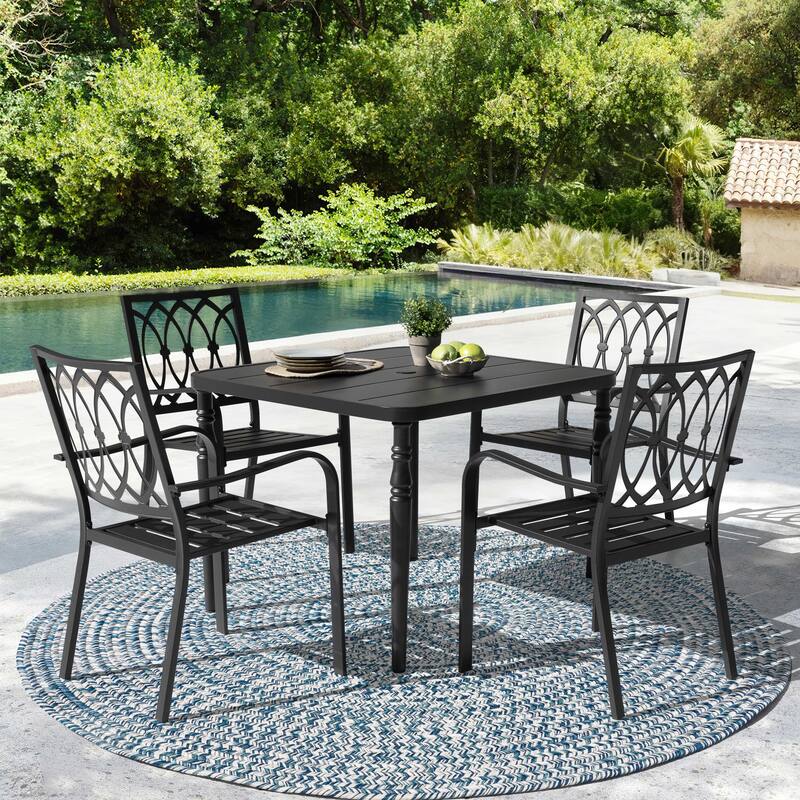 5-Piece Metal Patio Dining Set with Umbrella Hole and 4 Stackable Chairs