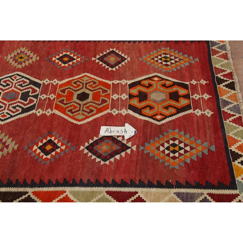 Kilim Qashqai Persian Vintage Rug Hand-Knotted Red Wool Carpet - 4'2"x 7'11"