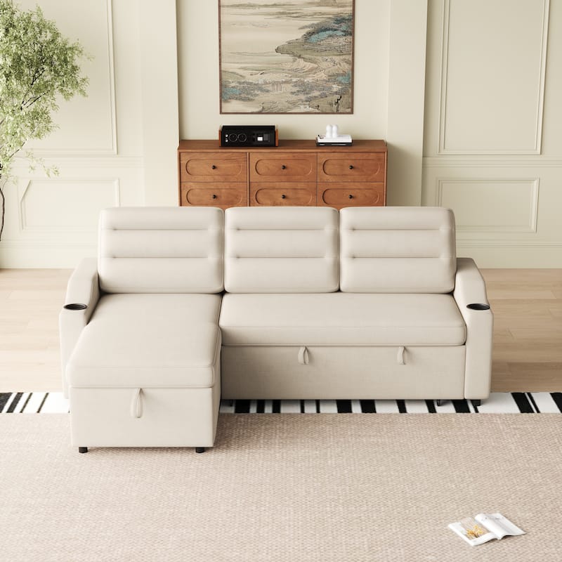 Multi-Position Sofa Bed with Pull-Out Sleeper, Chaise, and Storage for Living Room