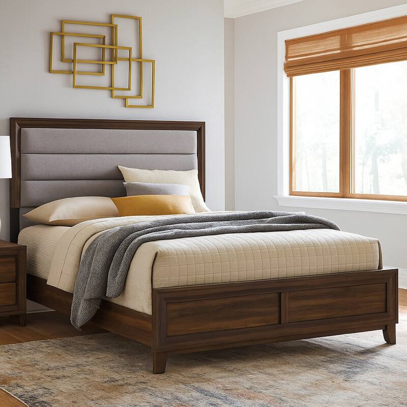 Yels King Size Bed, Gray Channel Tufted Upholstery, Walnut Brown Wood