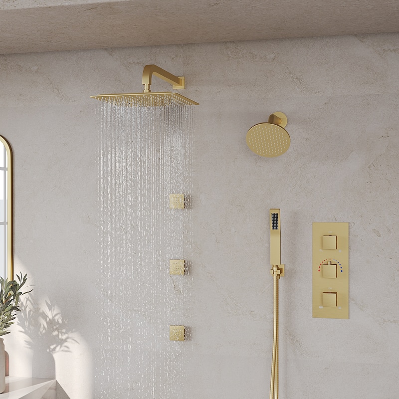 GRANDJOY 12" Wall Mounted Shower System Dual Shower Heads with 6 Body Jets