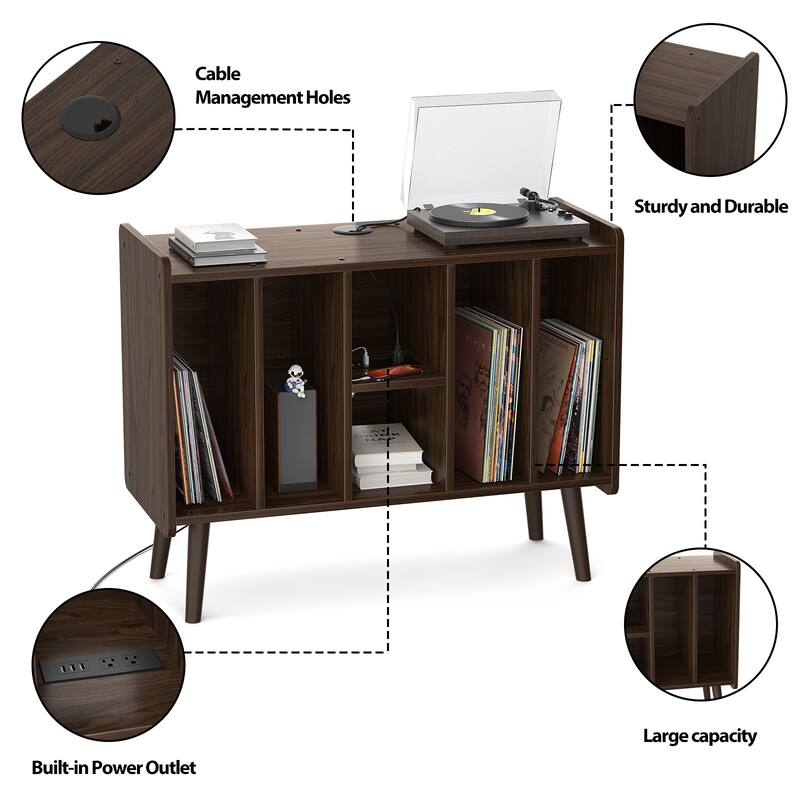 Retro Vinyl Stand with Charging Hub, Record Player Stand with Power Outlet and USB Ports