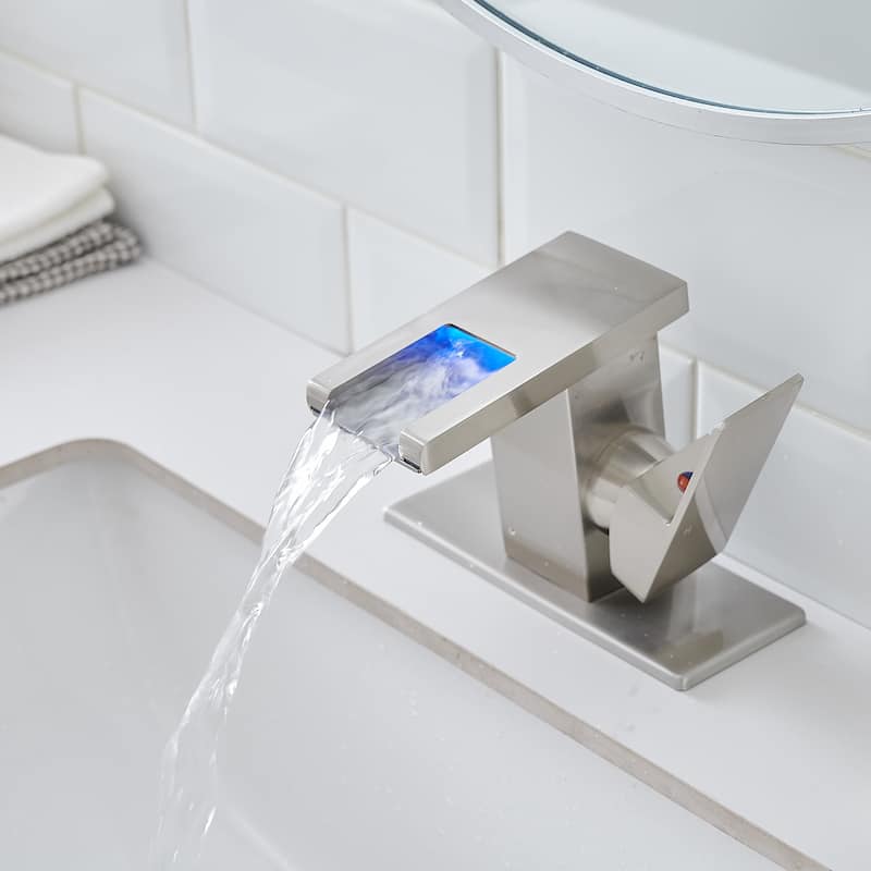 Bathroom Sink Faucet LED Light 3 Colors Changing Waterfall Glass Spout Hot Cold Water Mixer Single Handle One Hole