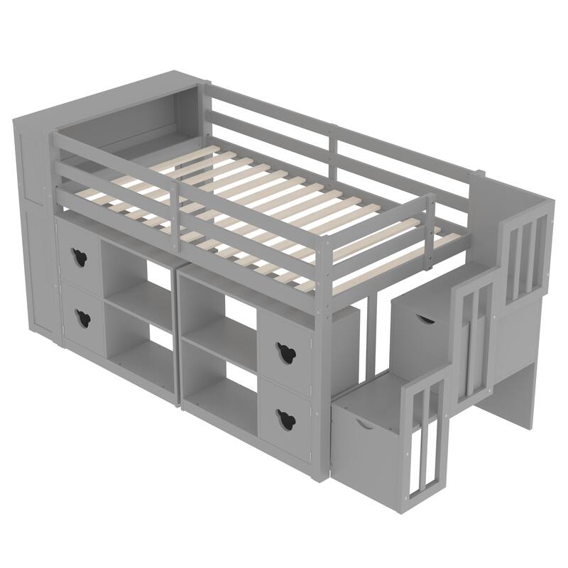 Grey Twin Size Low Loft Bed with Shelves, Storage Headboard, and Stairs