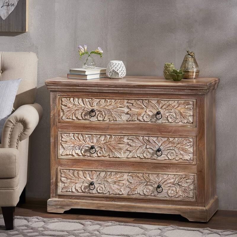 Natural Wood White Floral Accent Chest With 3-Drawer