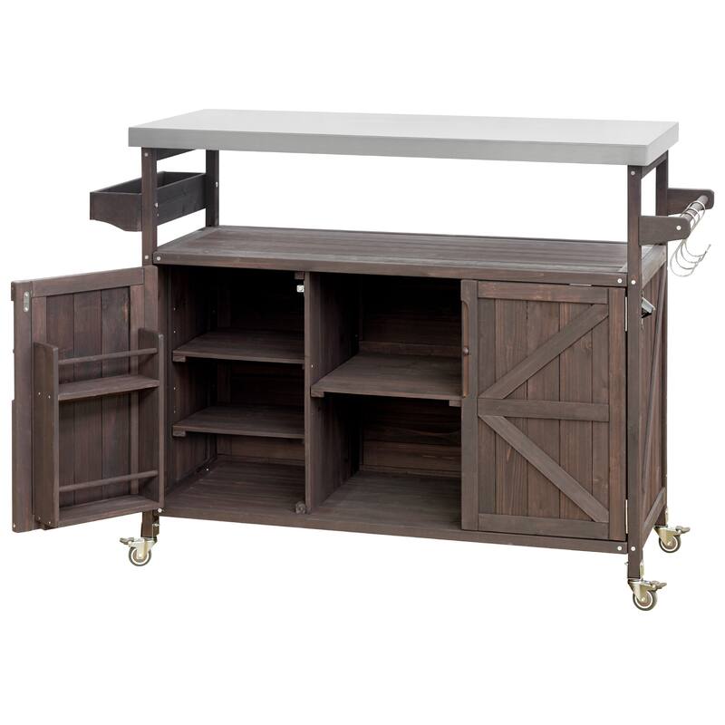 Outdoor Kitchen Island, Rolling Bar Cart & Storage Cabinet, Solid Wood Outdoor Grill Table with Stainless Steel Top
