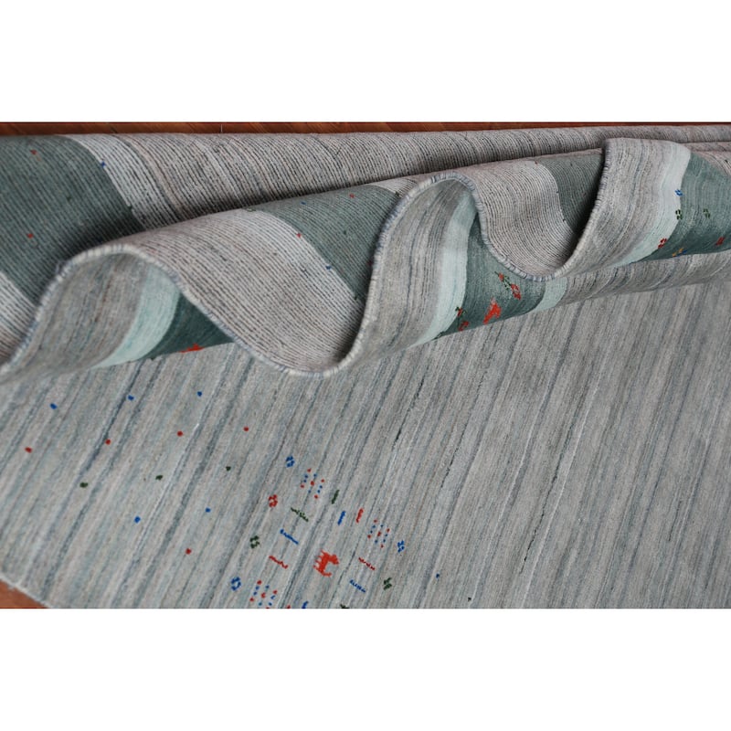 Tribal Gabbeh Indian Area Rug Hand-Knotted Grey Modern Wool Carpet - 8'0" x 9'8"