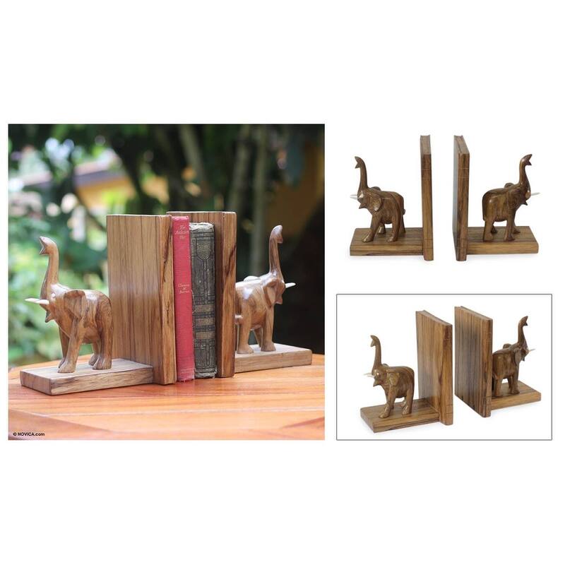 Handmade Good Luck Elephant Wood bookends (Ghana ) - 7.75" H x 12.25" W x 5.25" D