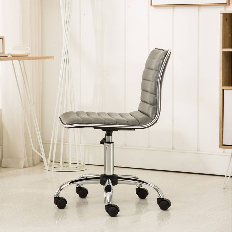 Cute Armless Office Chair, Leather Computer Desk Chair, Vanity Task Chair with Adjustable Height, Swivel Wheels, Mid Back