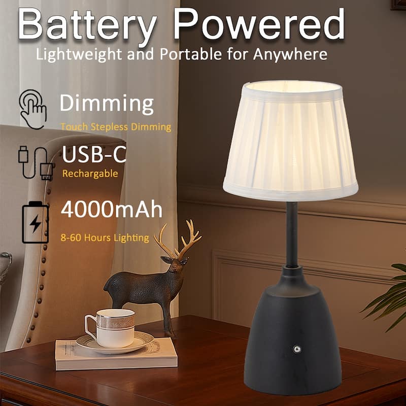 Classic Rechargeable LED Table Lamp with Fabric Shade Touch Control USB Cordless Nightstand Light for Nightstand Room - W6.3‘’
