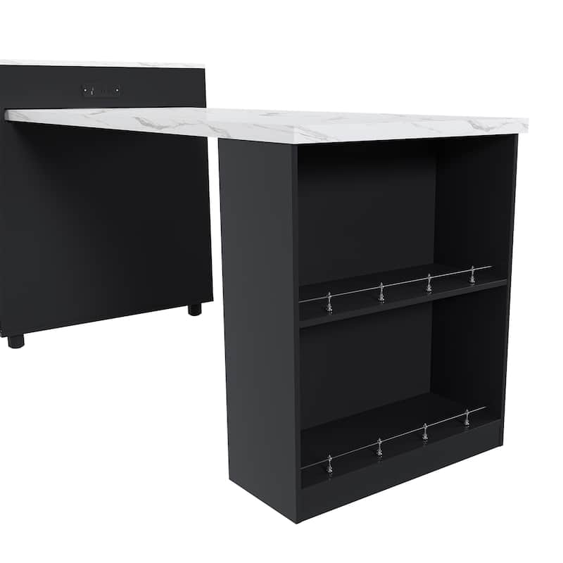 80-inch Expandable Kitchen Island with Dining Table, Marble-Grain Countertop, Mobile Storage Cart with Cabinet & 2 Drawers