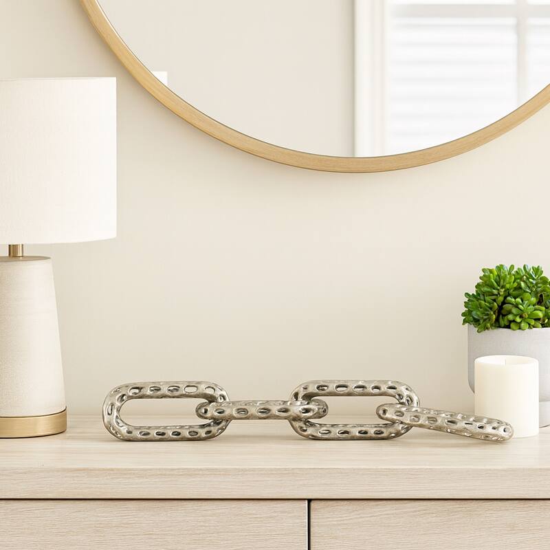 Metal Coastal Chain Sculpture with Textured Links and Openwork Design - 25" x 4" x 1" - Silver/ Metallic