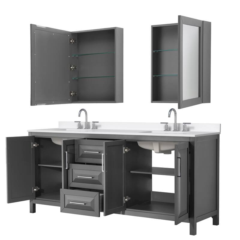 Daria 80-inch Double Vanity, 3 Hole Quartz Top, Med Cabinets