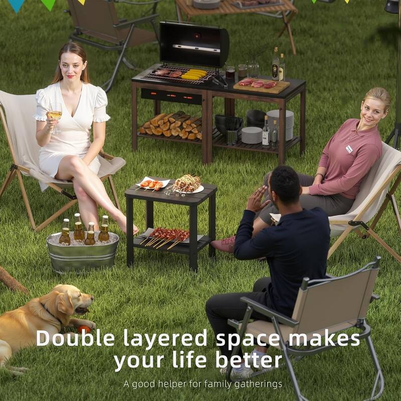 Outdoor Side Table & End Table, 2-Tier Waterproof Resin Patio Table, Square End Table with Shelf for Porch, Balcony, Garden