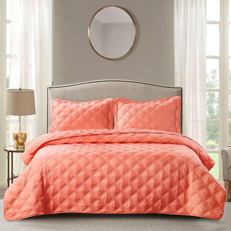Down Alternative Quilted Oversized Charleston 3 Piece Comforter Set - Coral - King