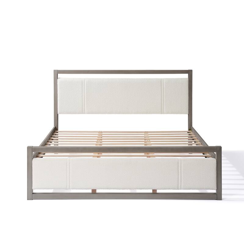 King Bed with Ivory Boucle fabric Headboard, Wood Frame