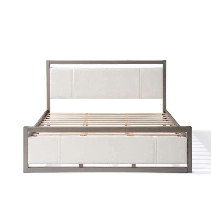 King Platform Bed with Ivory Boucle Headboard and Grey Wood Frame