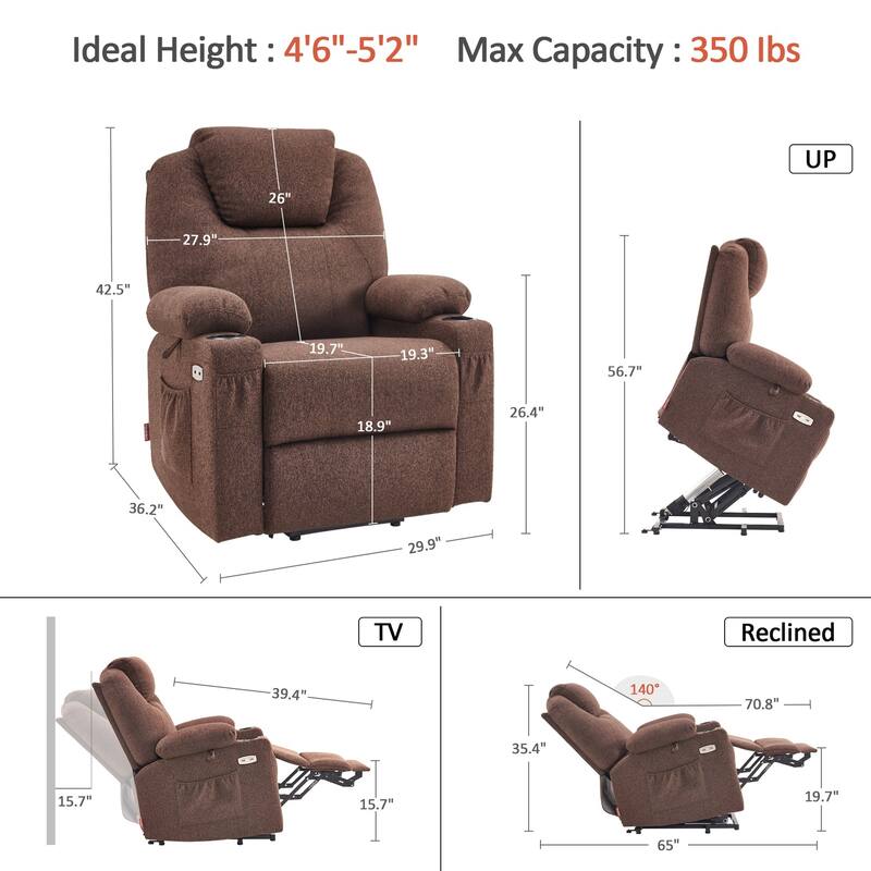 MCombo Small Power Lift Recliner Chair Sofa with Massage and Heat, 3 Positions and USB Ports Extended Footrest, Fabric 7141