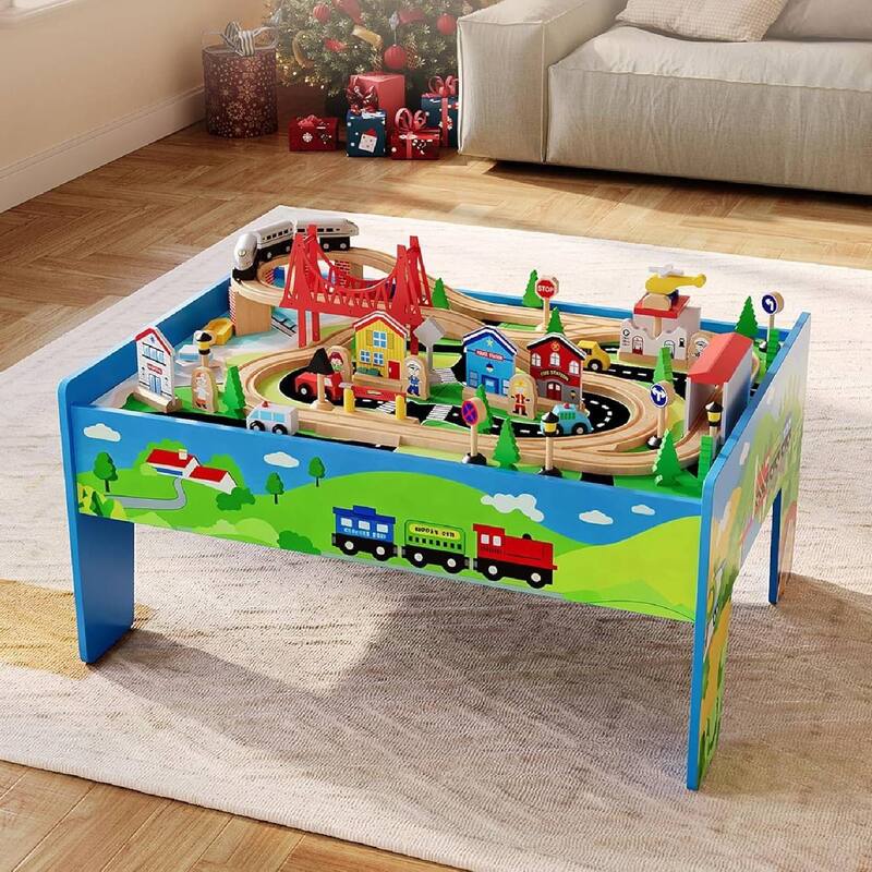 80 Pieces 4-in-1 Wooden Train Table, Activity Play Set for Toddlers & Kids - Multi