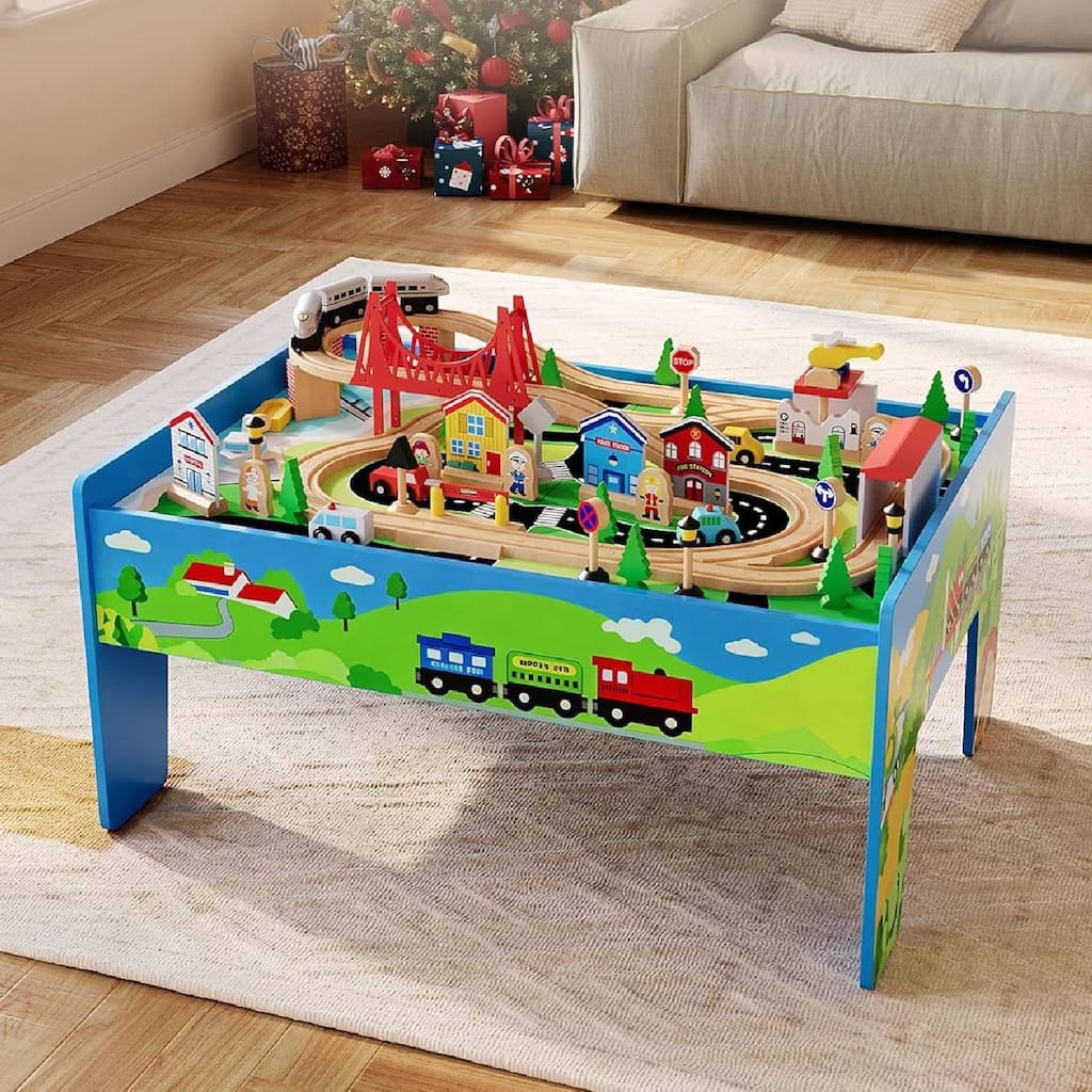 80 Pieces 4-in-1 Wooden Train Table, Activity Play Set for Toddlers & Kids