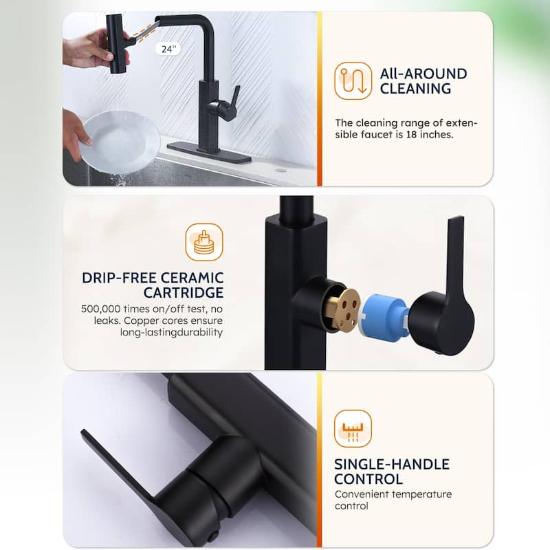 WOWOW Single Handle Pull Out Sprayer Kitchen Faucet with 3-Mode Advanced Spray