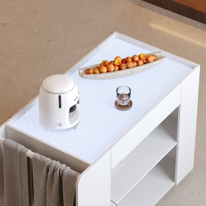 LED Kitchen Island with Tempered Glass Top, Rolling Storage Cabinet with 3-Color Lighting