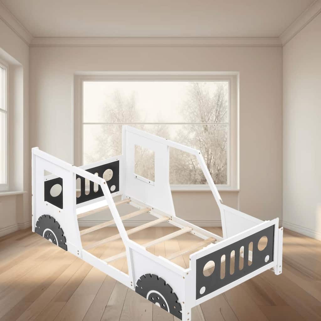 Twin Size Classic Car Platform Bed Frame with Fun Wheels, Sturdy Pine Wood Frame, No Box Spring Required Bedroom Furniture