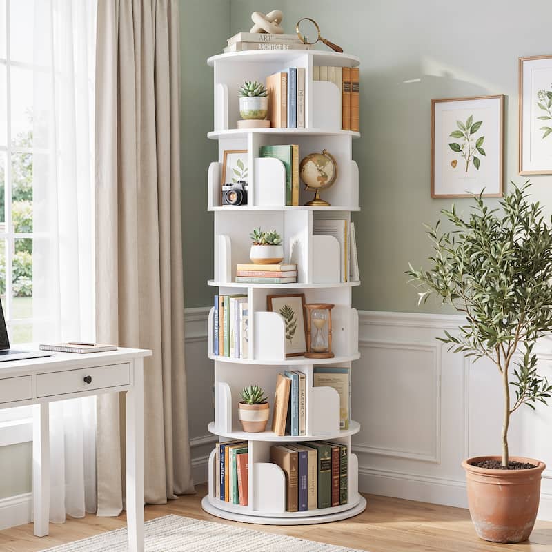 4/5/6 Tiers Round Rotating Bookcase, Revolving Floor Standing Bookshelf Corner Organizer Display - White-6T