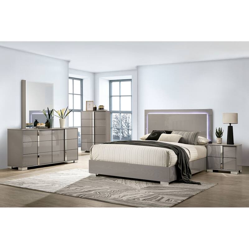 King Size Piano LED Platform Bed with Chrome Accents and Vertical Handles and UV Finish Headboard