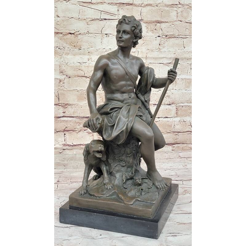 Muscular Male Shepherd With His Imitative Dog - Bronze Sculpture By Barbedienne On Marble Base
