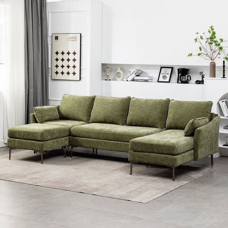 EROMMY U Shaped 6-seat Sectional Sofa Couch, Reversible Sleeper in Modern Chenille Design, with Chaise Lounge and Ottoman - Green - Symmetrical