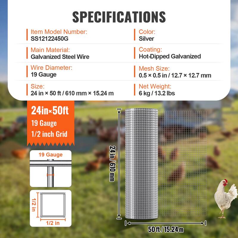 Hardware Cloth, Hot Dipped Galvanized Wire Mesh Roll, Chicken Wire Fencing, Wire Mesh for Rabbit Cages, Garden - Silver