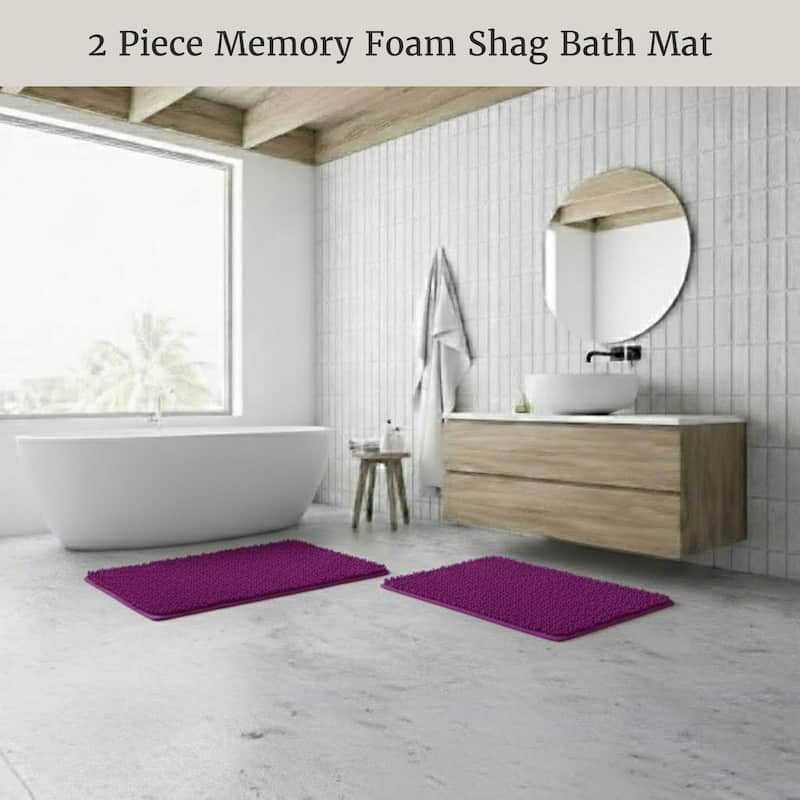 Bathroom Rugs - 2-Piece Memory Foam Bathroom Set with Chenille Shag Top and Non-Slip Base by Windsor Home