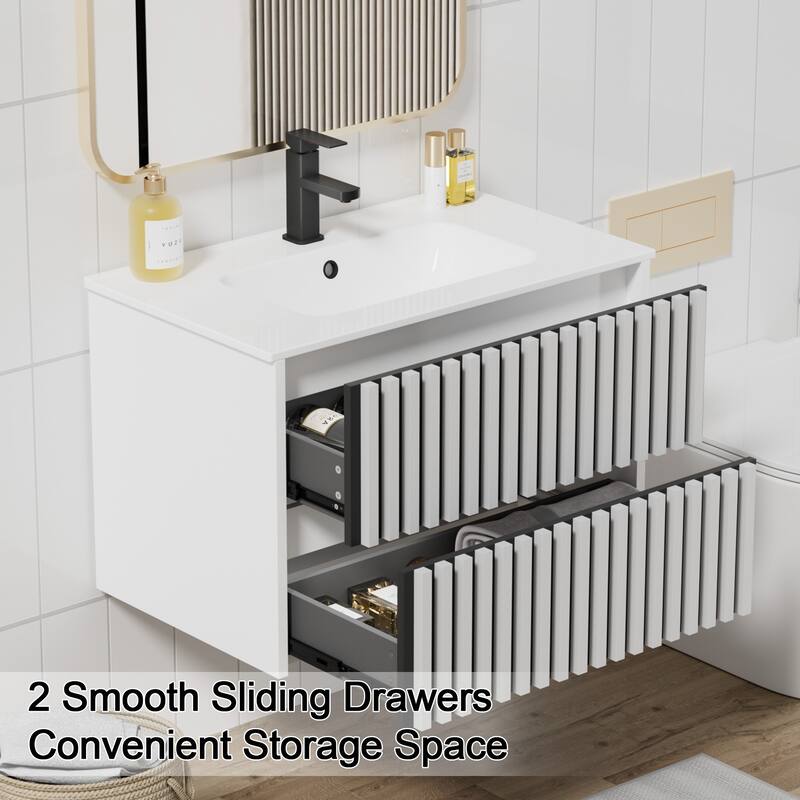Wall Mounted Bathroom Vanity Set Mid-Century Storage Cabinet with Ceramic Sink