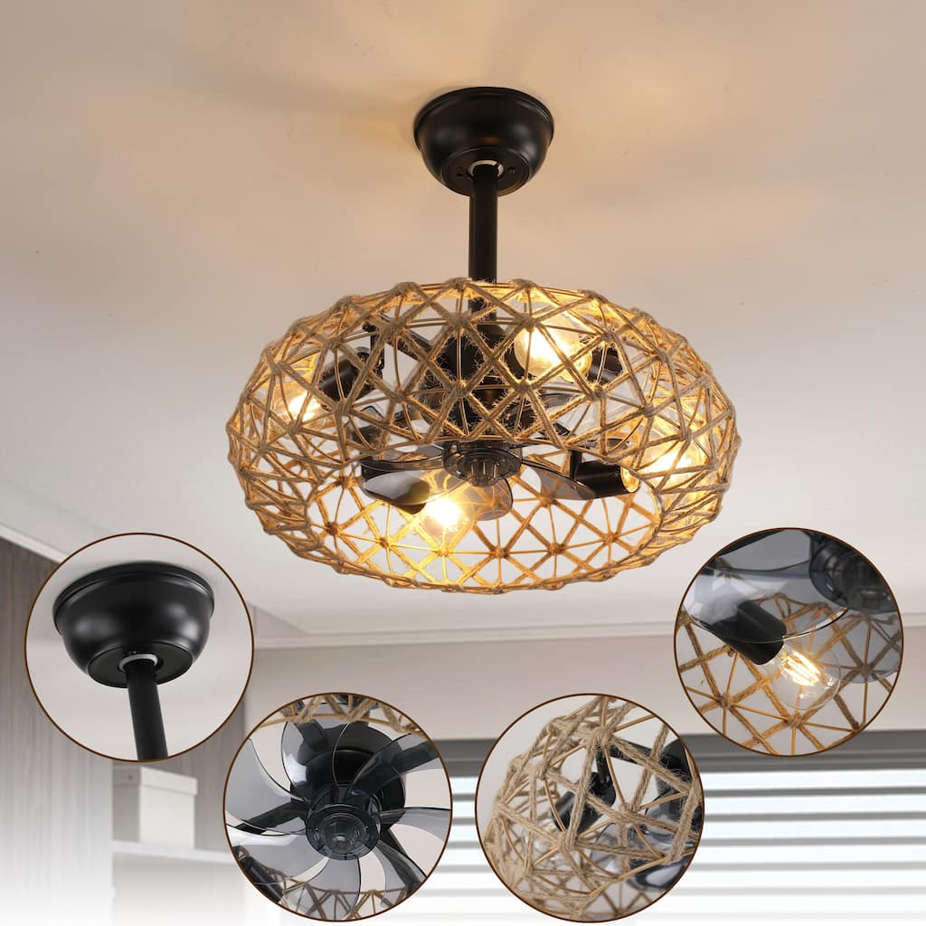 19" Hemp Rope Woven Ceiling Fan with 4 bulbs, Dimmable, 7 Blades, Reversible DC motor