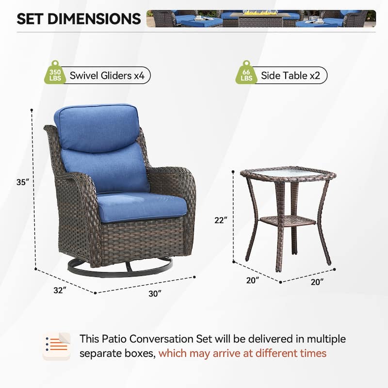 6 Pieces Outdoor Gliders Swivel Chairs with Table with 5-Inch Thick Cushions