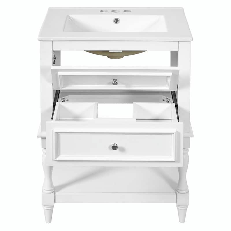 24" Bathroom Vanity with Ceramic Sink, Retro Open-Shelf Cabinet with 2 Drawers