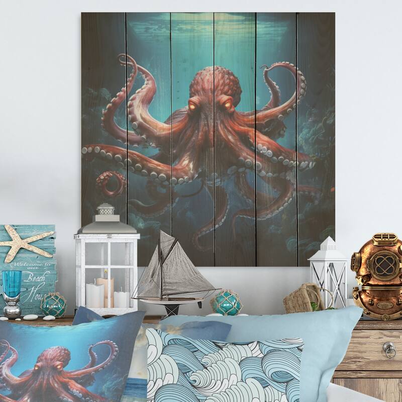 Designart "Cosmic Art Style Octopus" Octopus/Squid Wood Wall Decor - Modern Coral Wood Panel On Natural Pine Wood