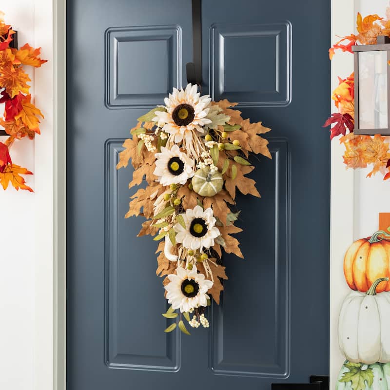 Glitzhome Fall Sunflower Pumpkin Floral Aritificial Garland or Swag Wreath with Free Hanger - Swag