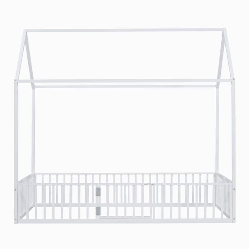 Roomfitters Twin/Full Size Metal House Bed Frame with Fence and Door Design for Bedroom Storage