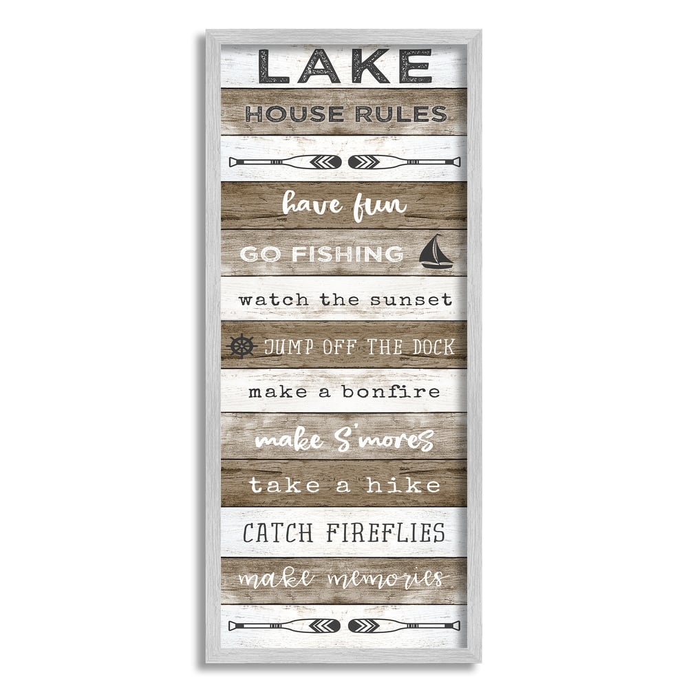 Stupell Lake House Rules List Rustic Pattern Boat Oars Framed Wall Art - White