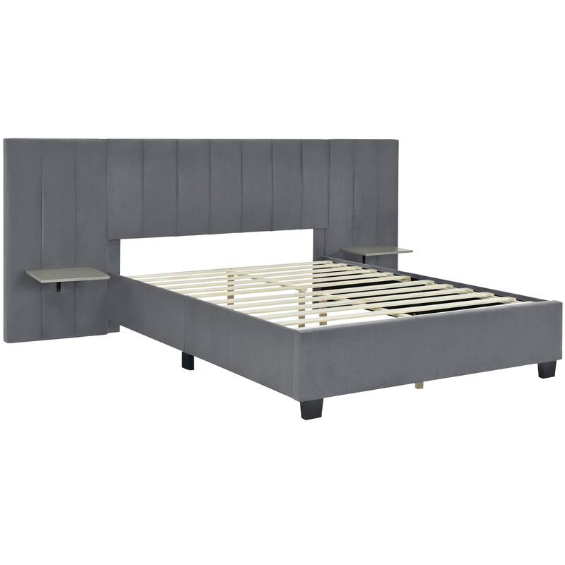 Modern Style Velvet Upholstered Platform Bed with Big Headboard for Bedroom