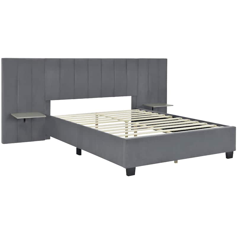 Queen Size Modern Style Velvet Upholstered Platform Bed with Big Headboard for Bedroom