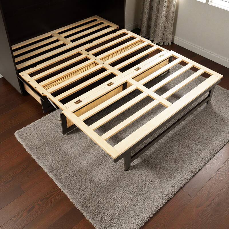 Queen Size Pine Wood Murphy Bed Cabinet with Rattan Front Panel, Foldable Bed with Storage Drawer and Sturdy Platform
