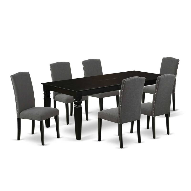 HomeStock 7-Piece Rectangle Black Finish Solid Wood Top Dining Table with 6 Parson-Chairs with Lattice Back