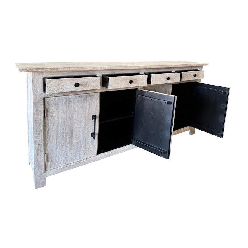 HomeRoots 79" White Distressed Solid Wood Paneled Four Drawer Sideboard with Four Doors - 79.00 in. x 38.00 in. x 17.00 in.