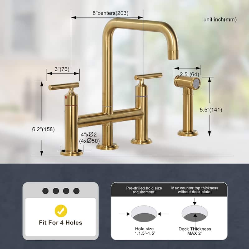 WOWOW Double Handle Bridge Kitchen Faucet with Side Sprayer