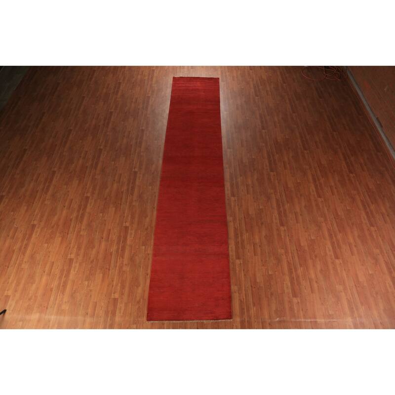 Red Modern Gabbeh Oriental Runner Rug Hand-Knotted Wool Carpet - 3'4" x 16'2"