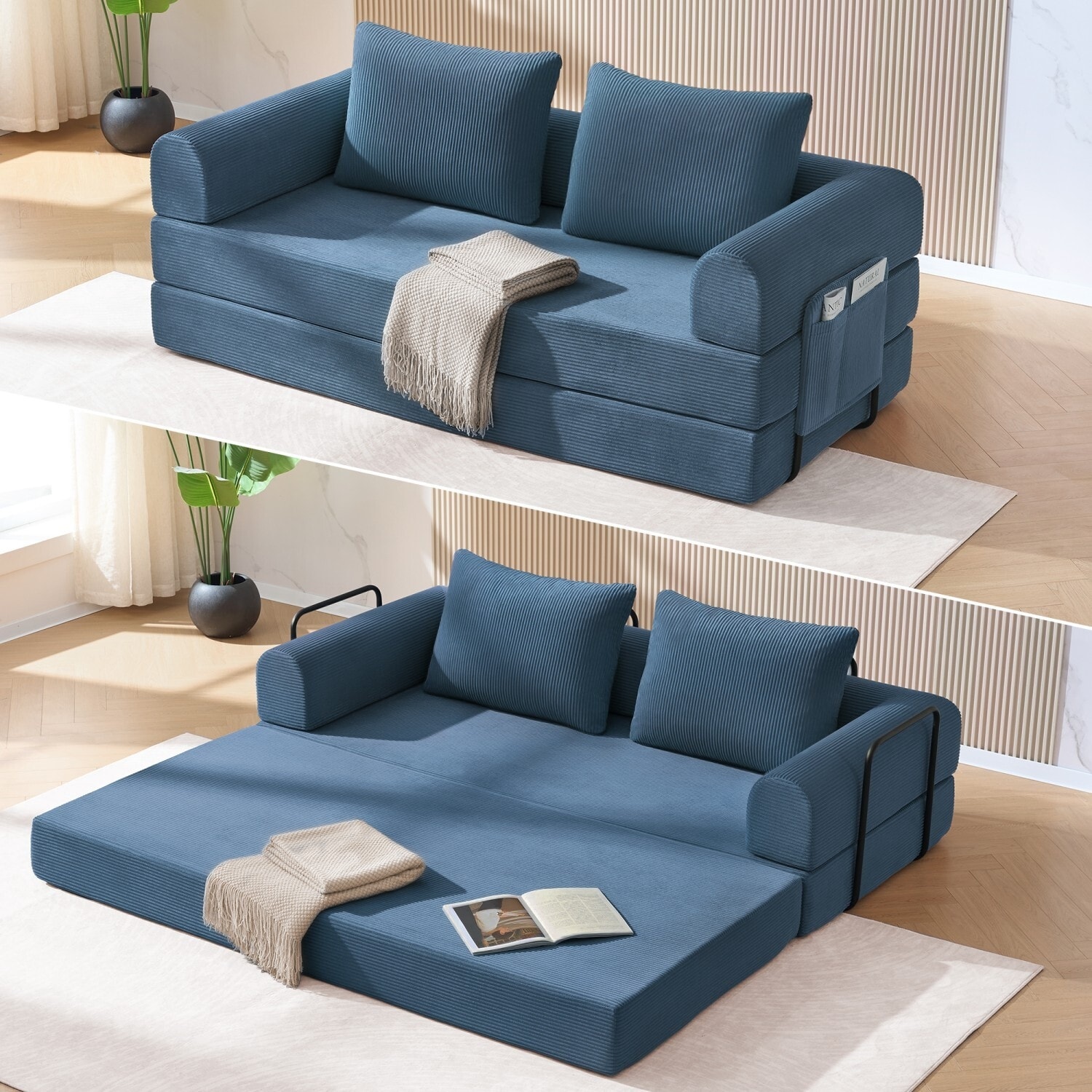 HOMYKA Convertible Sleeper Sofa Bed with Fixed-Shape Frame, Modern Corduroy Folding Boneless Couch with 2 Pillows