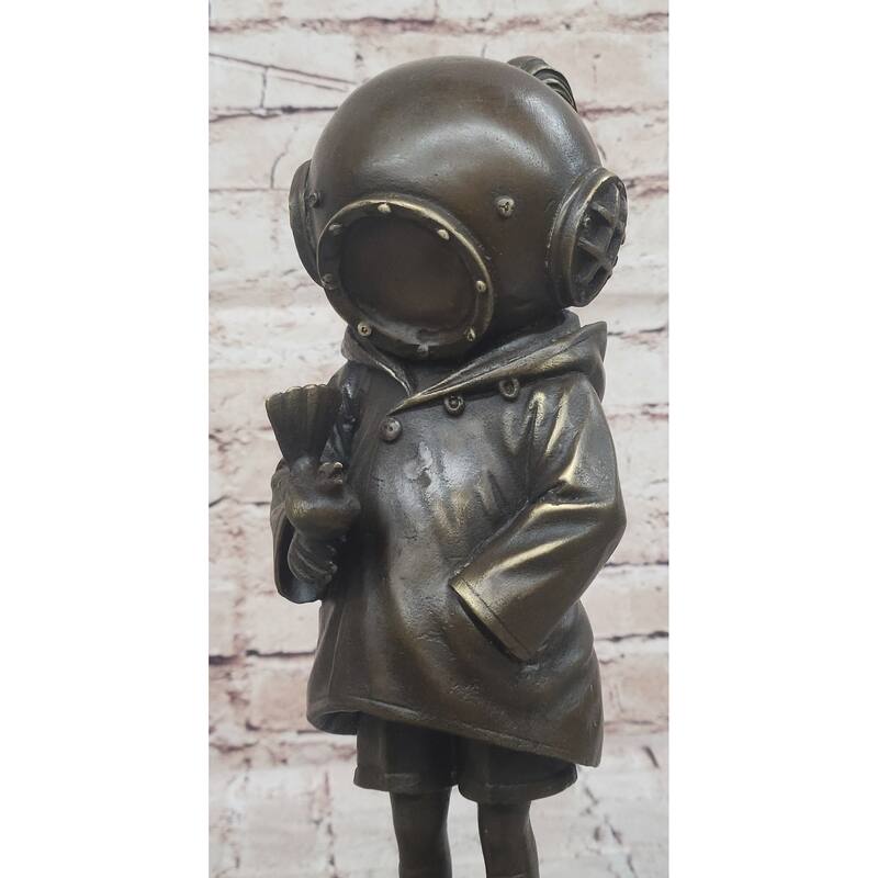 Space Girl And Bird After Banksy - Bronze Sculpture Statue On Marble Base